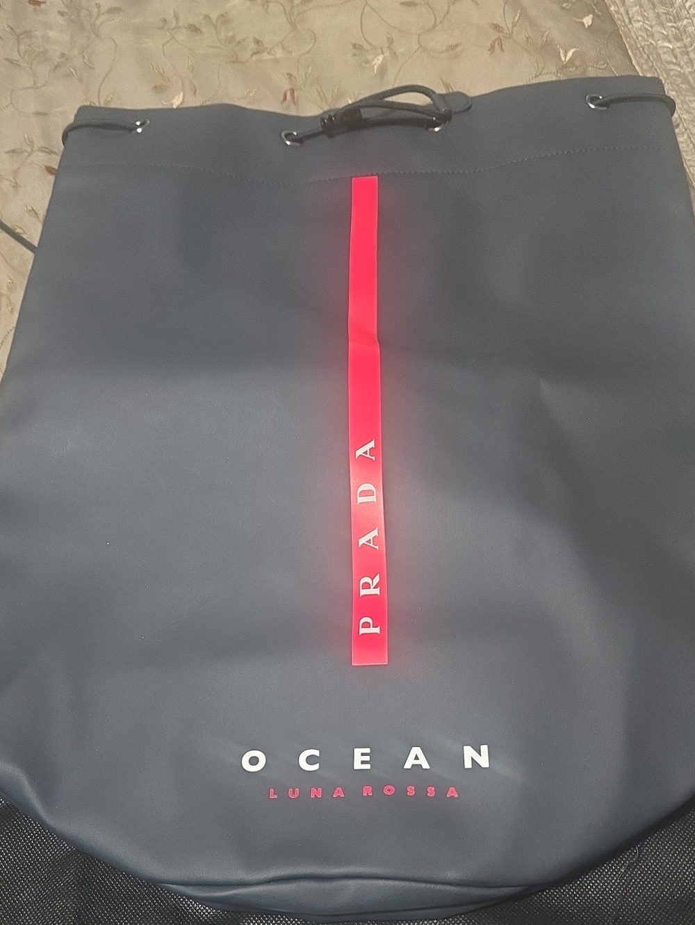 New Prada Navy Drawstring Ocean Luna Rossa Bag with Red Stripe